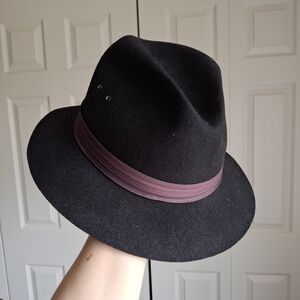 Vintage 80s 100% Wool Black Fedora Mens Lg 23.75" Made In USA Old Money Dapper
